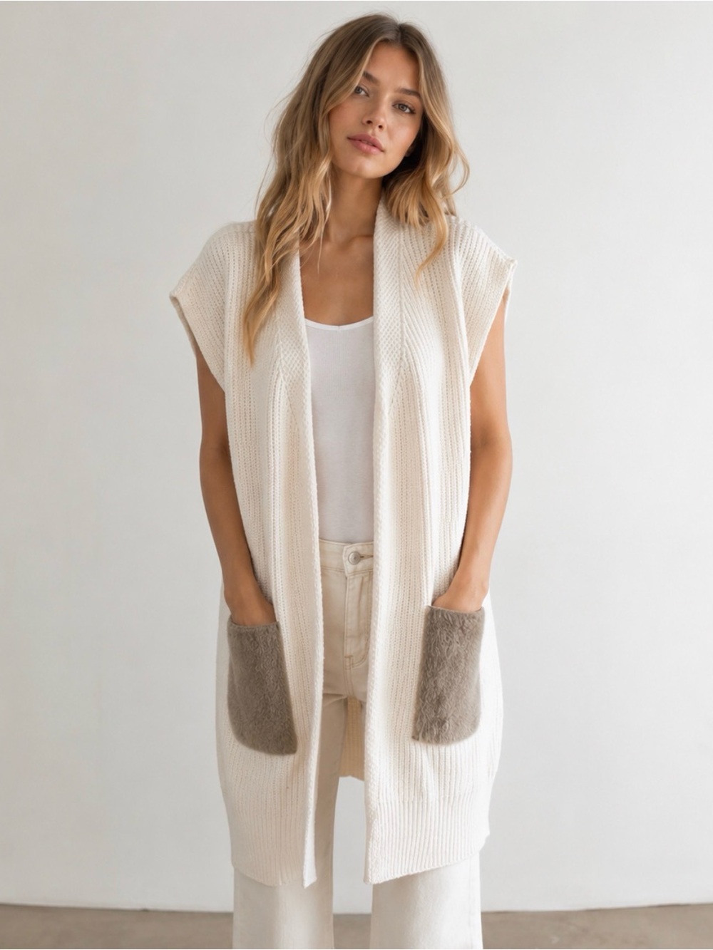 Eleventy Italy Cashmere Wool Longline Sweater Vest Suede Pocket Cardigan S
